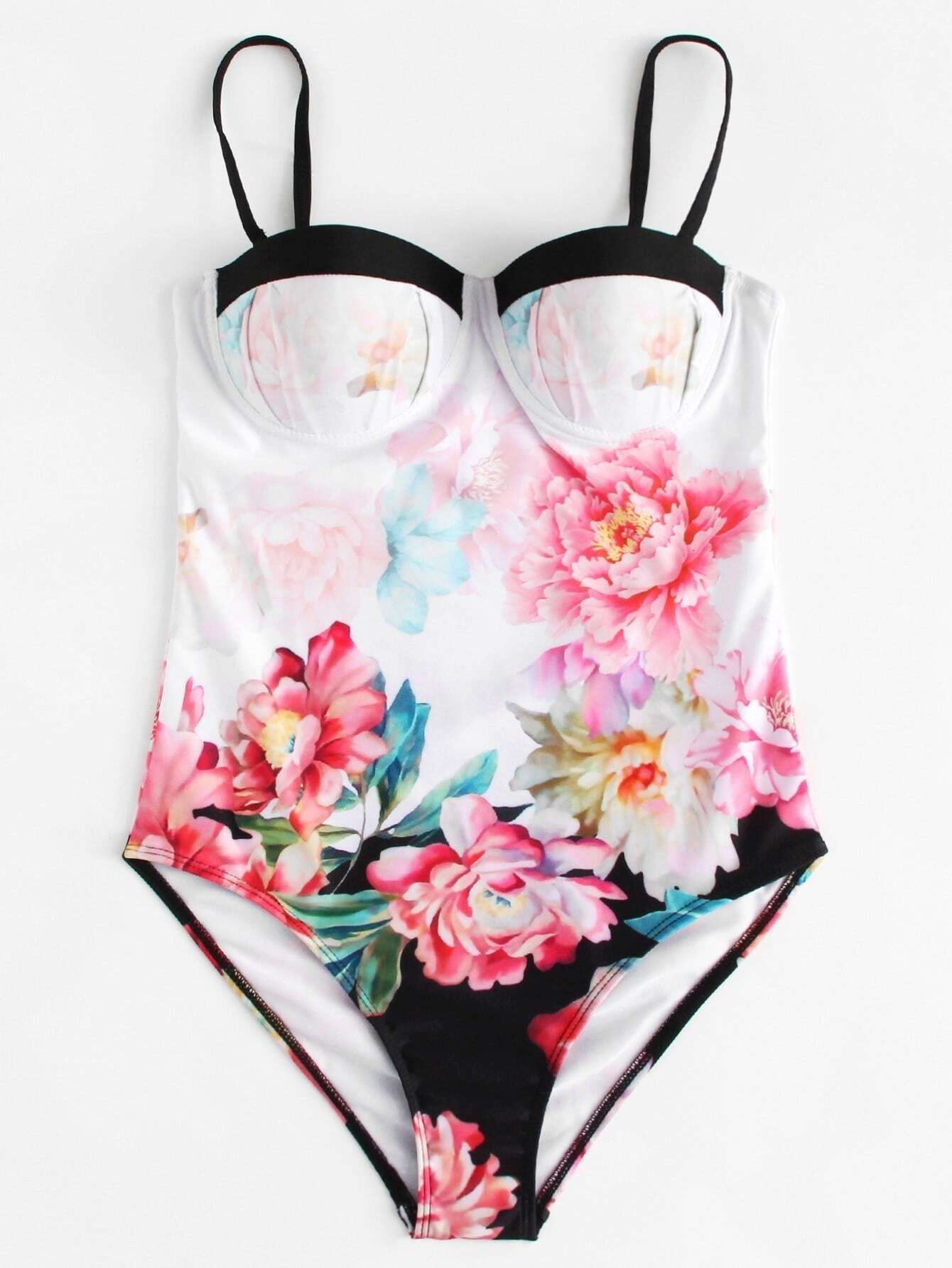 Flower Print Push Up Spaghetti Strap One Piece Swimsuit SHEIN(SHEINSIDE)