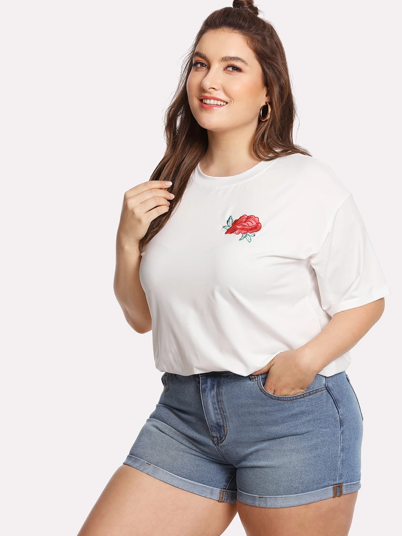 Plus TeeRound Embroidered Appliques Appliques Embroidered TeeRound Neck Neck Plus w1wx7ra