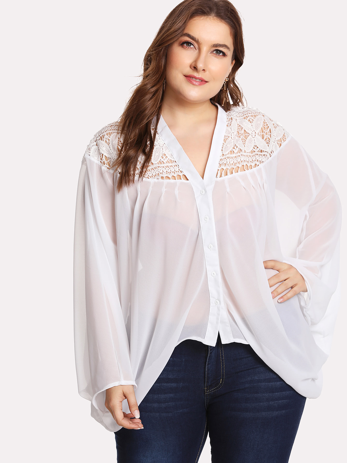 Plus Lace Insert Dolman Sleeve See Through Top