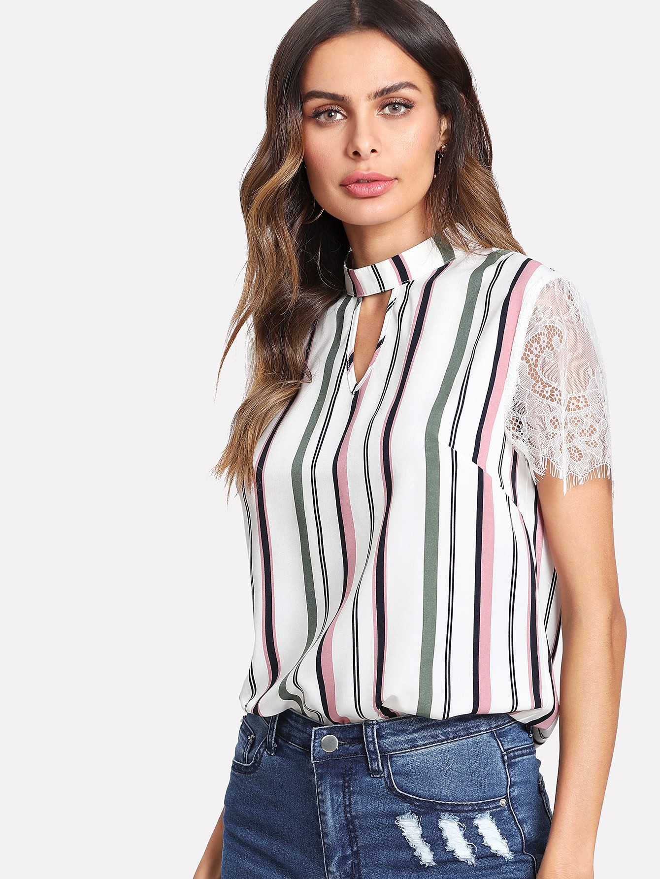 V Notch Front Contrast Lace Sleeve Striped Top