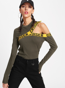 Letter Print Panel Asymmetrical Shoulder Tee