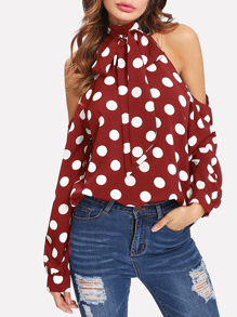 Cold Shoulder Polka Dot Halter Top