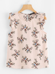 Frilled Armhole Button Closure Back Floral Top