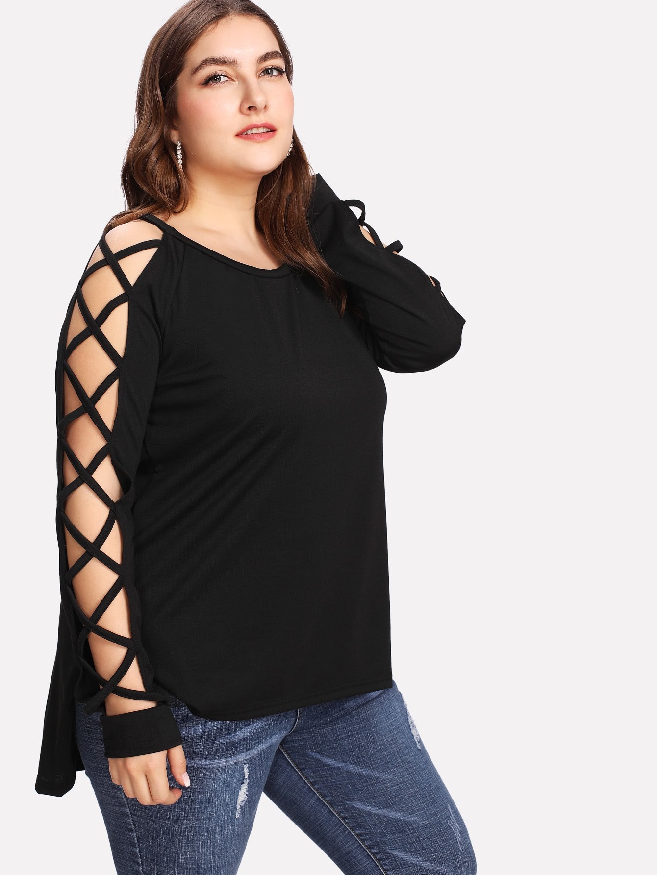 Plus Criss Cross Sleeve Slit Side High Low Tshirt