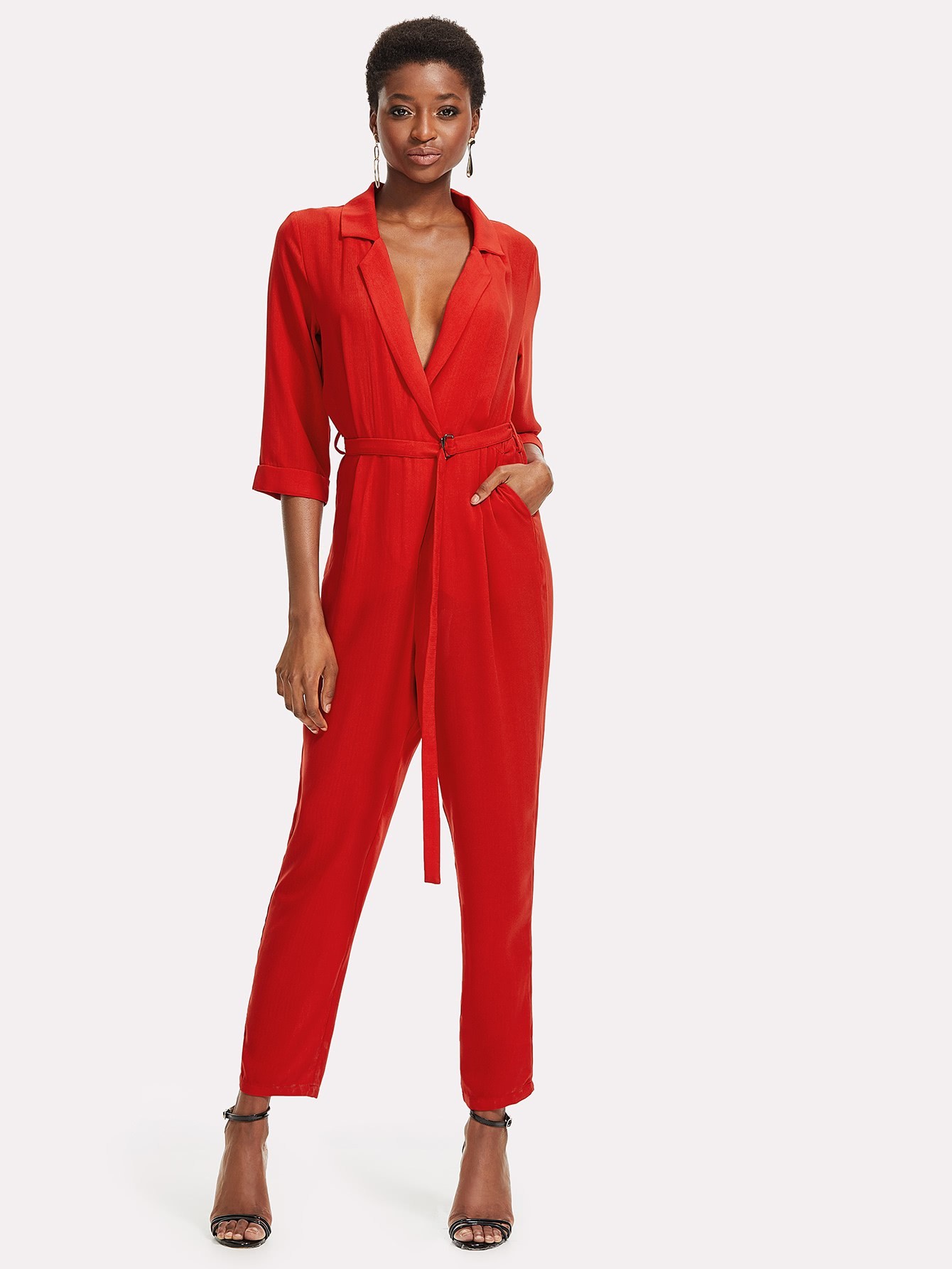 Collared Overlap V Neck Jumpsuit SheIn(Sheinside)