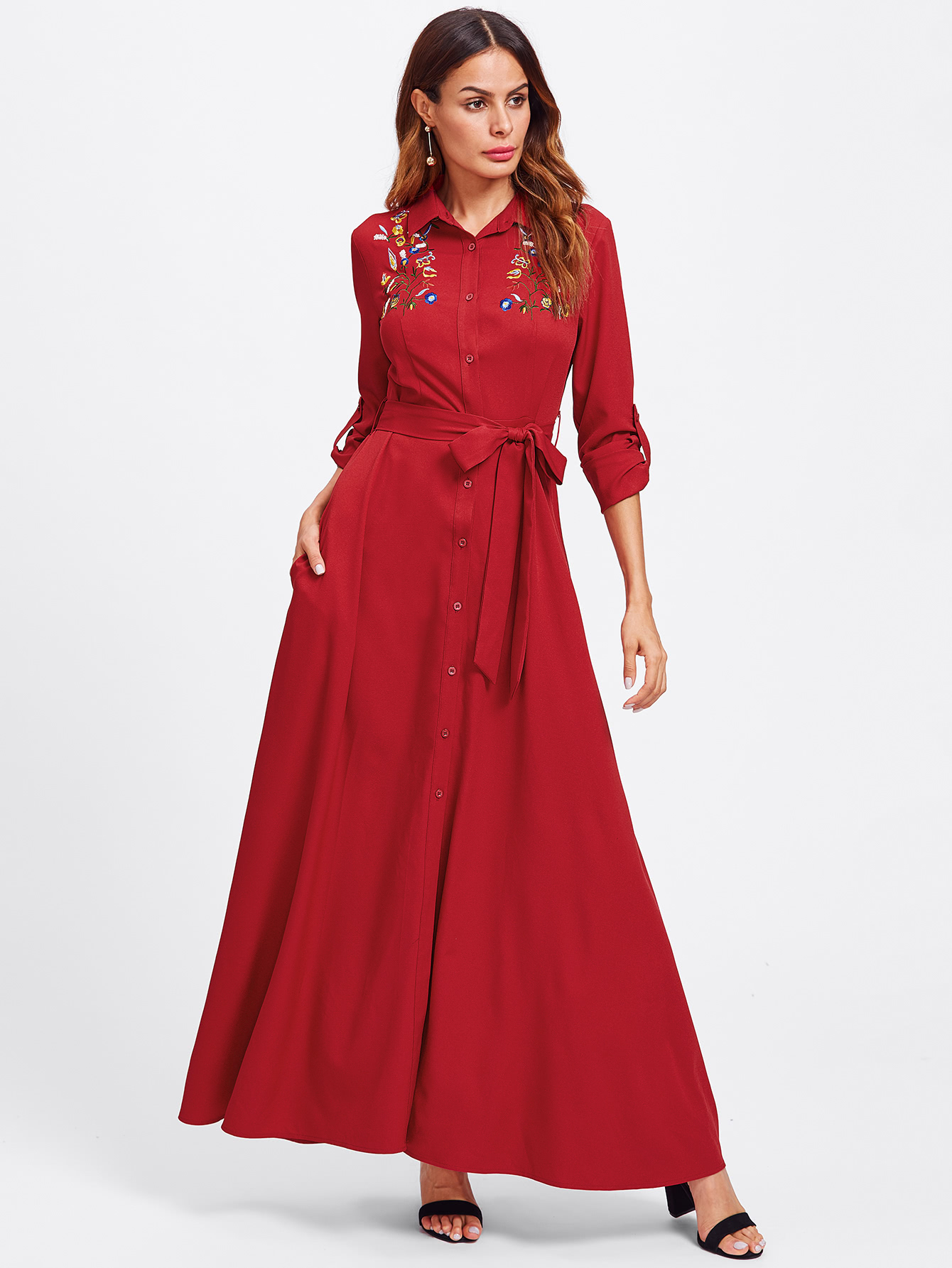 Embroidered Yoke Roll Sleeve Belted Shirt Dress SheIn(Sheinside)