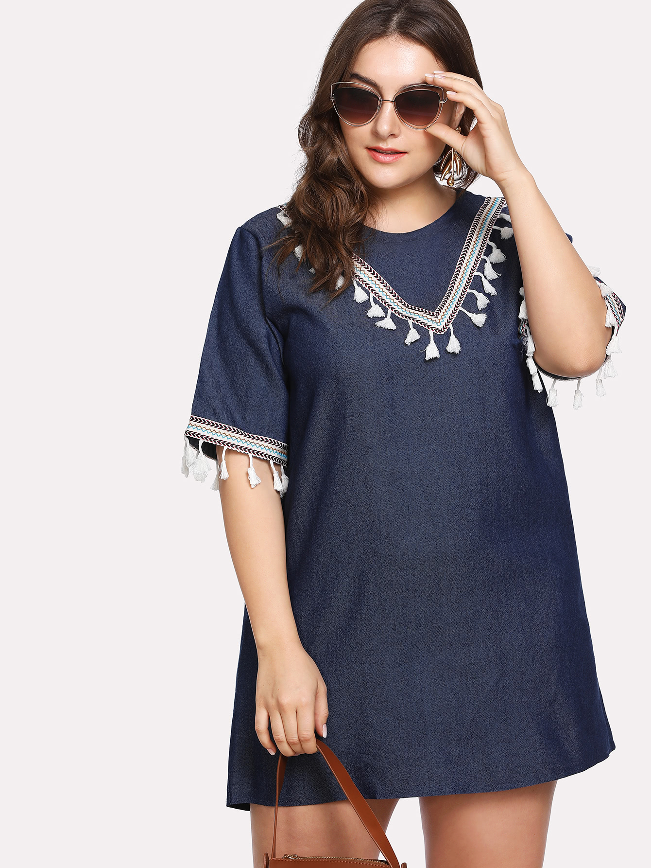 Plus Embroidered Tape Tassel Detail Denim Dress