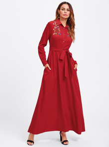 Embroidered Yoke Roll Sleeve Belted Shirt Dress
