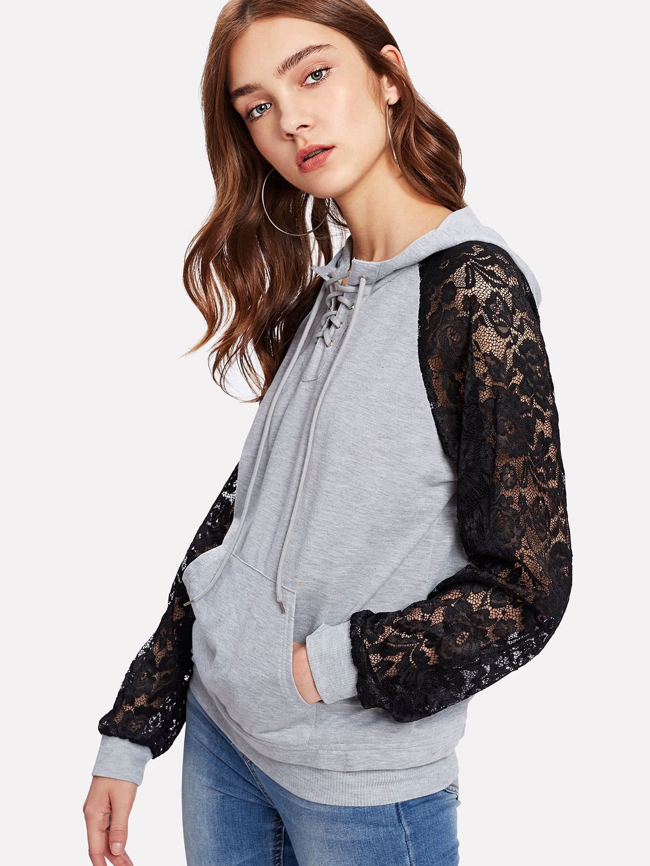 Contrast Lace Raglan Sleeve Lace Up Hoodie SheIn(Sheinside)