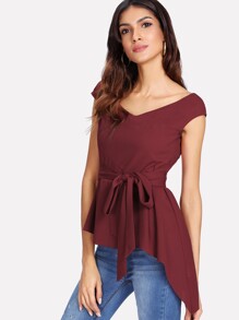 Double V Neck Self Belted Asymmetric Top
