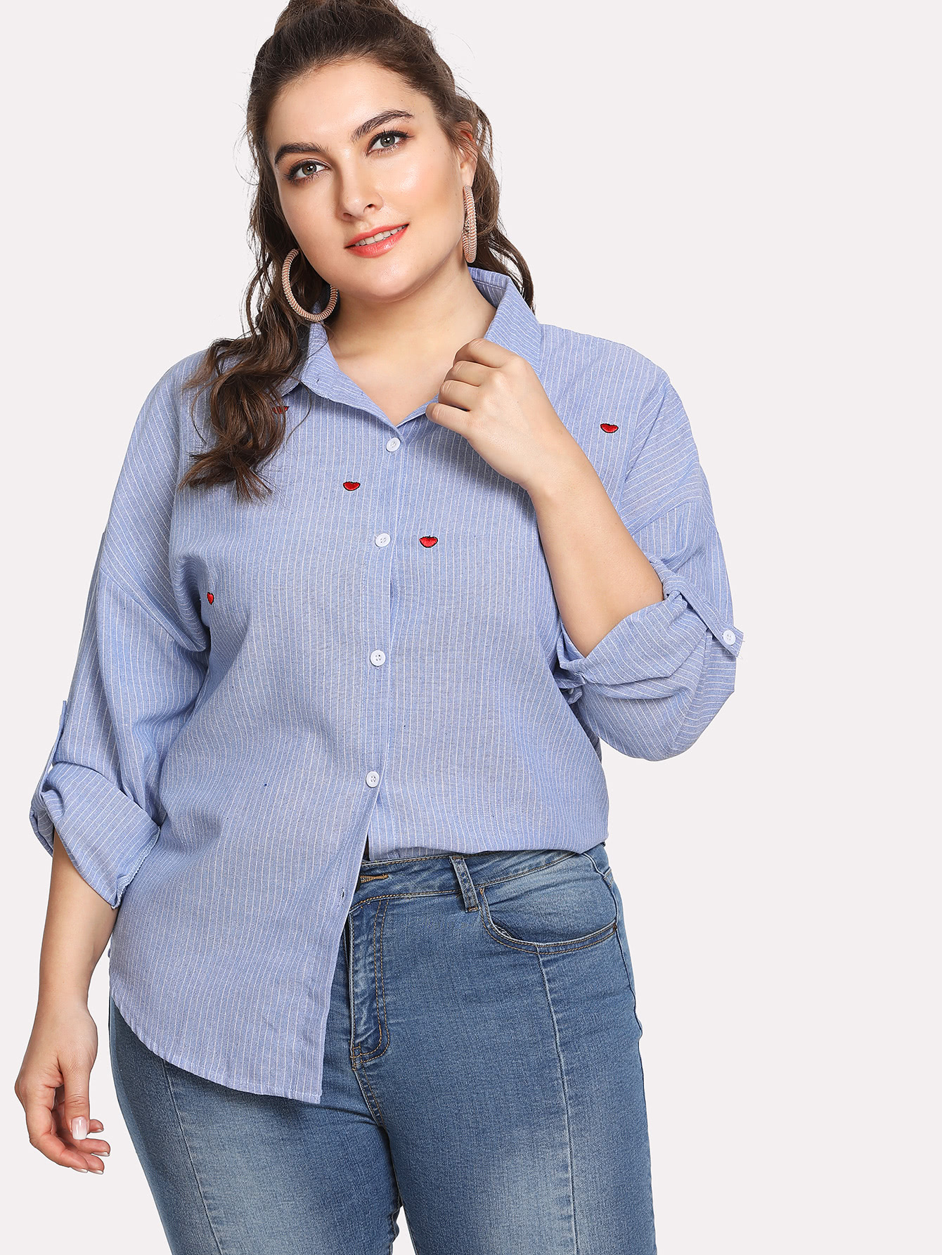 Plus Heart Embroidery Pinstripe Dolphin Hem Shirt