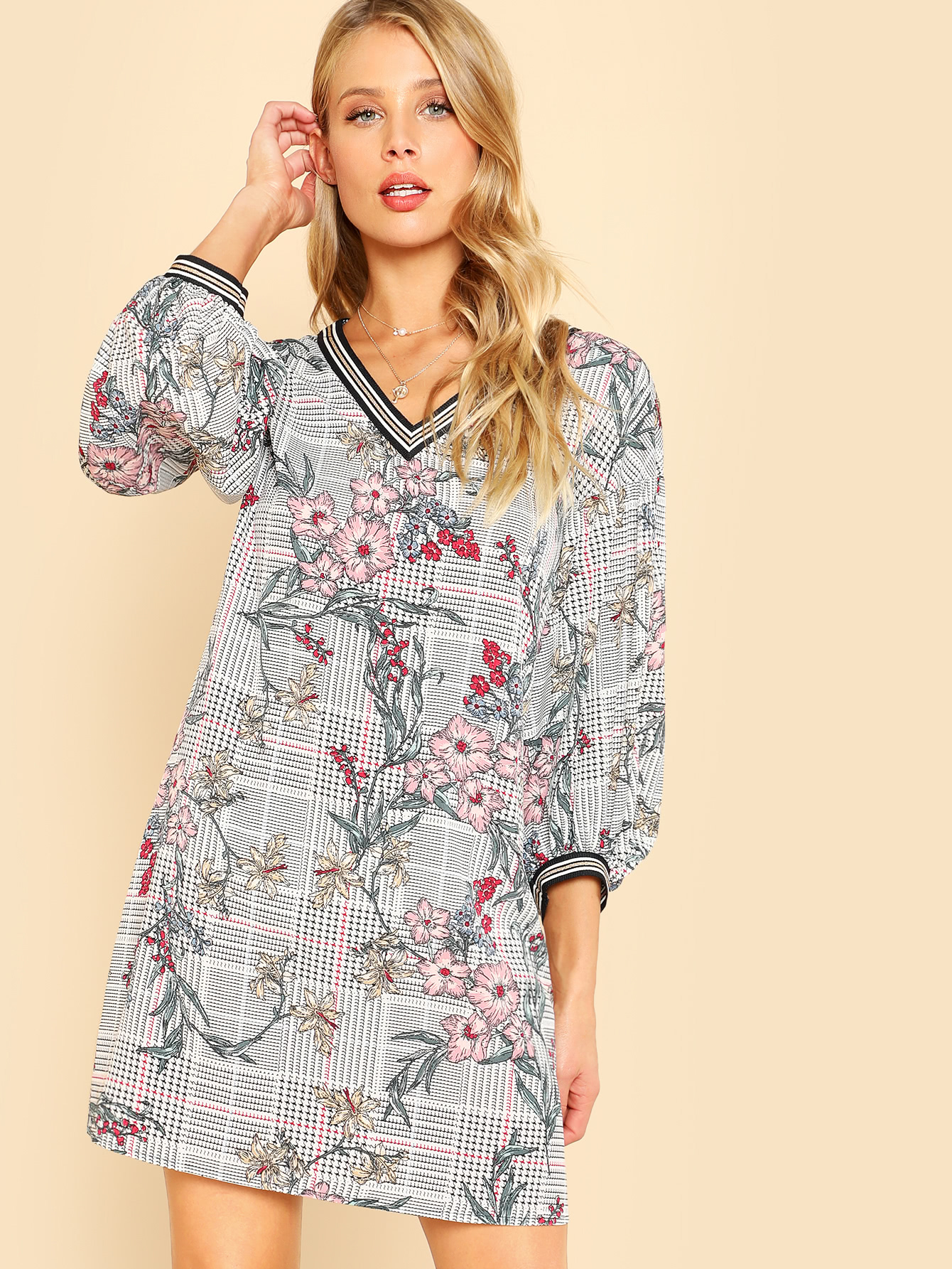 Mixed Print Striped Cuff And Neck Dress letter print neck and cuff striped dress