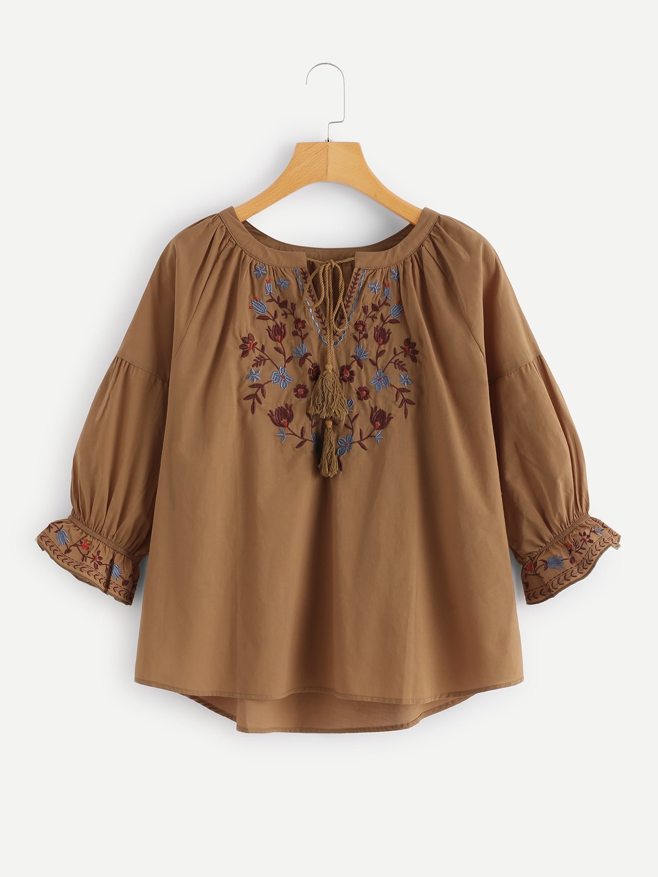 Tassel Tie Neck Embroidery Blouse SheIn(Sheinside)