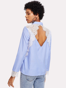Contrast Lace Cuff Pinstripe Blouse