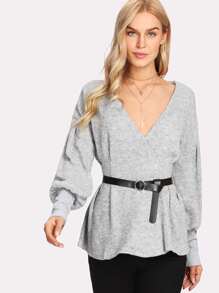 Surplice Neckline Heathered Knit Jumper With Belt