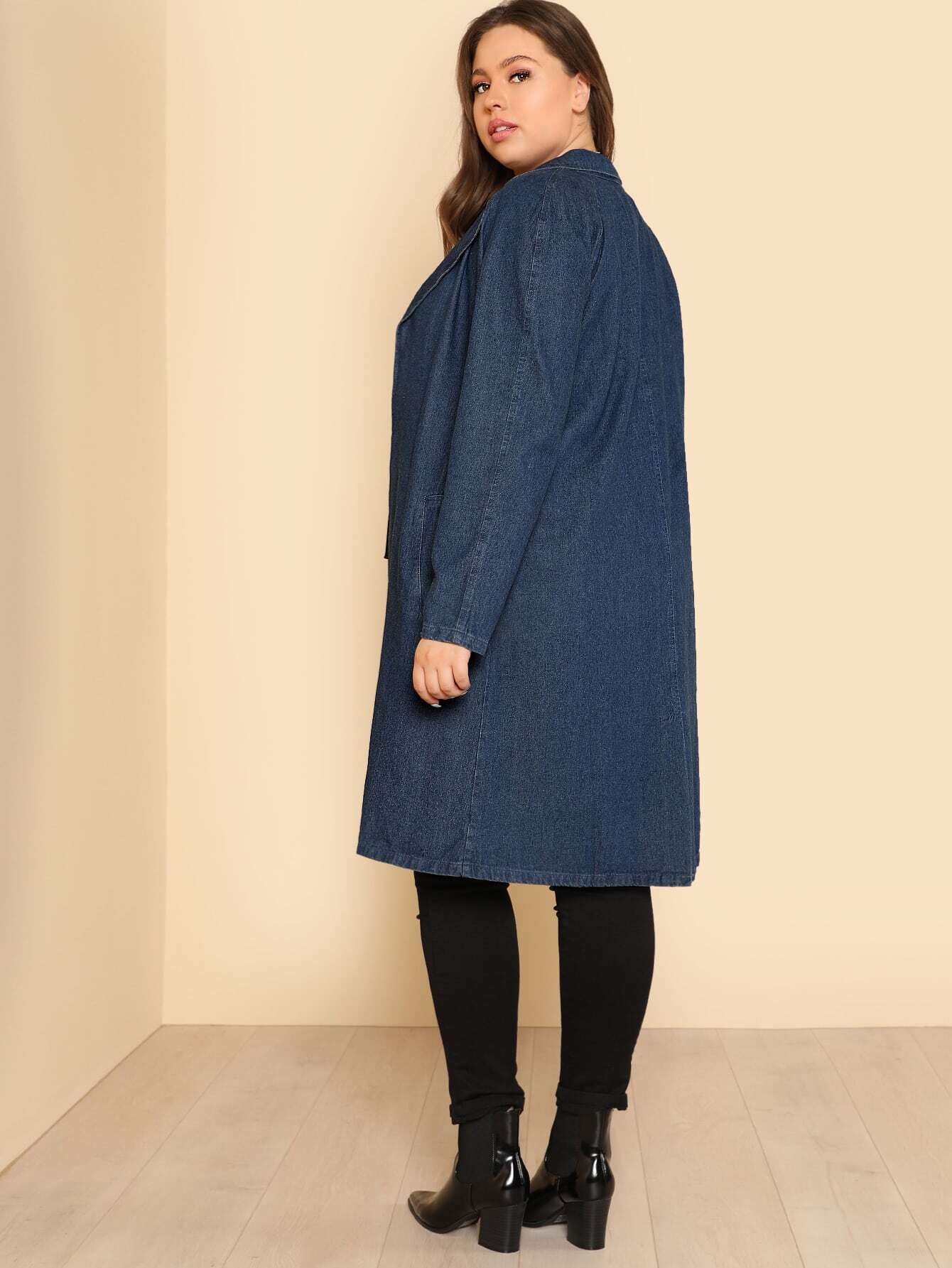 Denim Duster Coat With Pockets DARK DENIM SheIn(Sheinside)