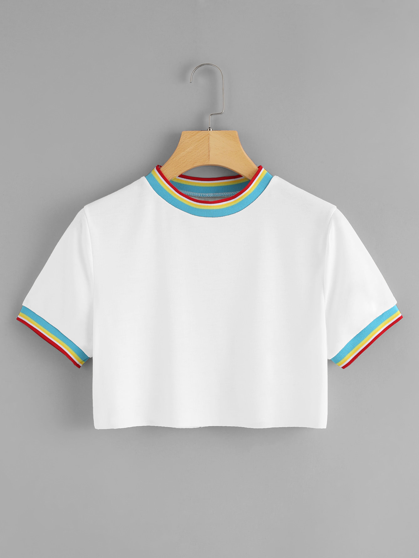 Contrast Rainbow Stripe Trim Raw Hem Crop Tee