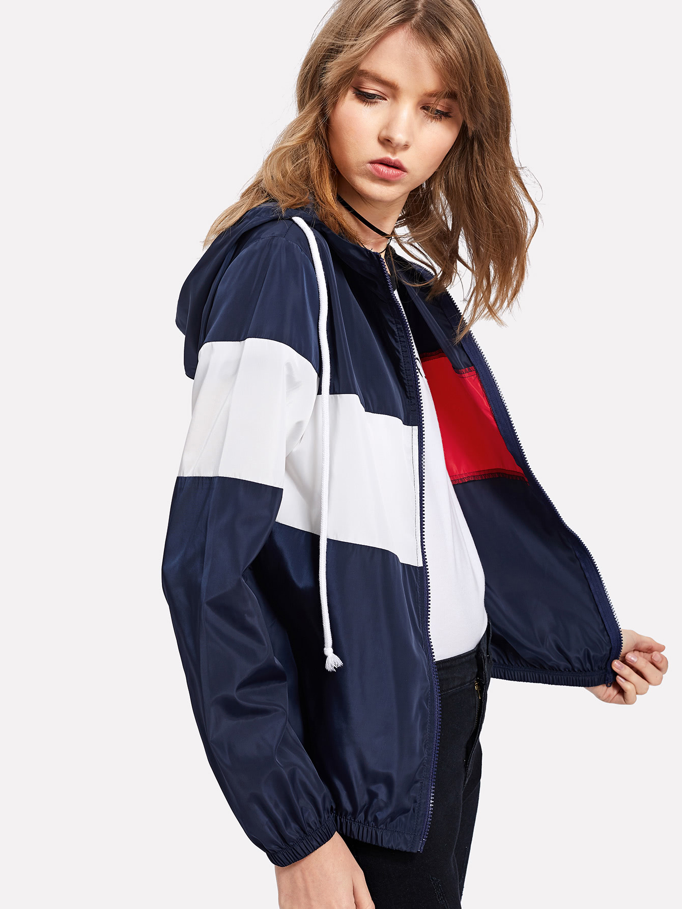 Cut And Sew Windbreaker Hooded Jacket SheIn(Sheinside)