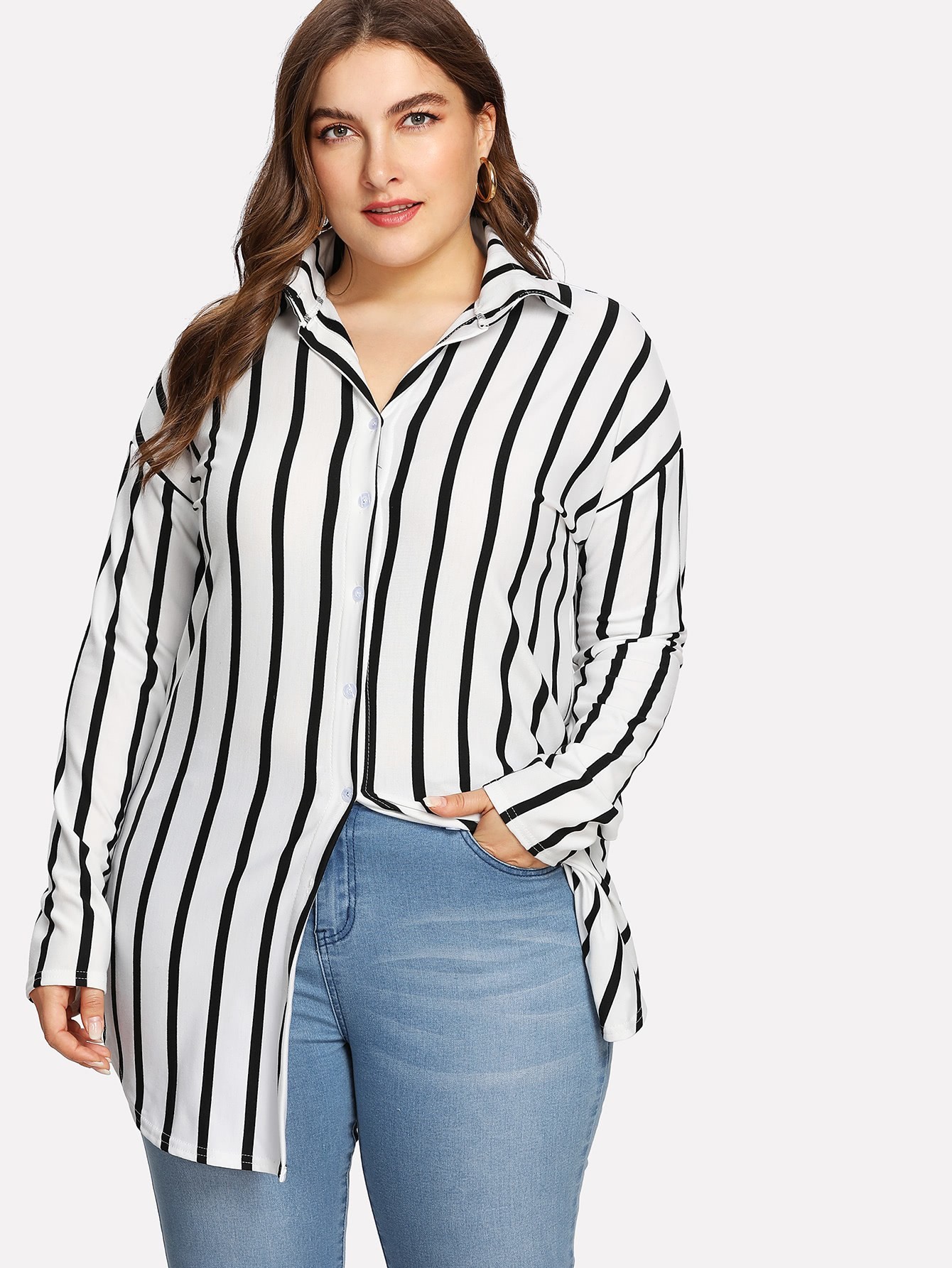 Plus Drop Shoulder Striped Dolphin Hem Shirt