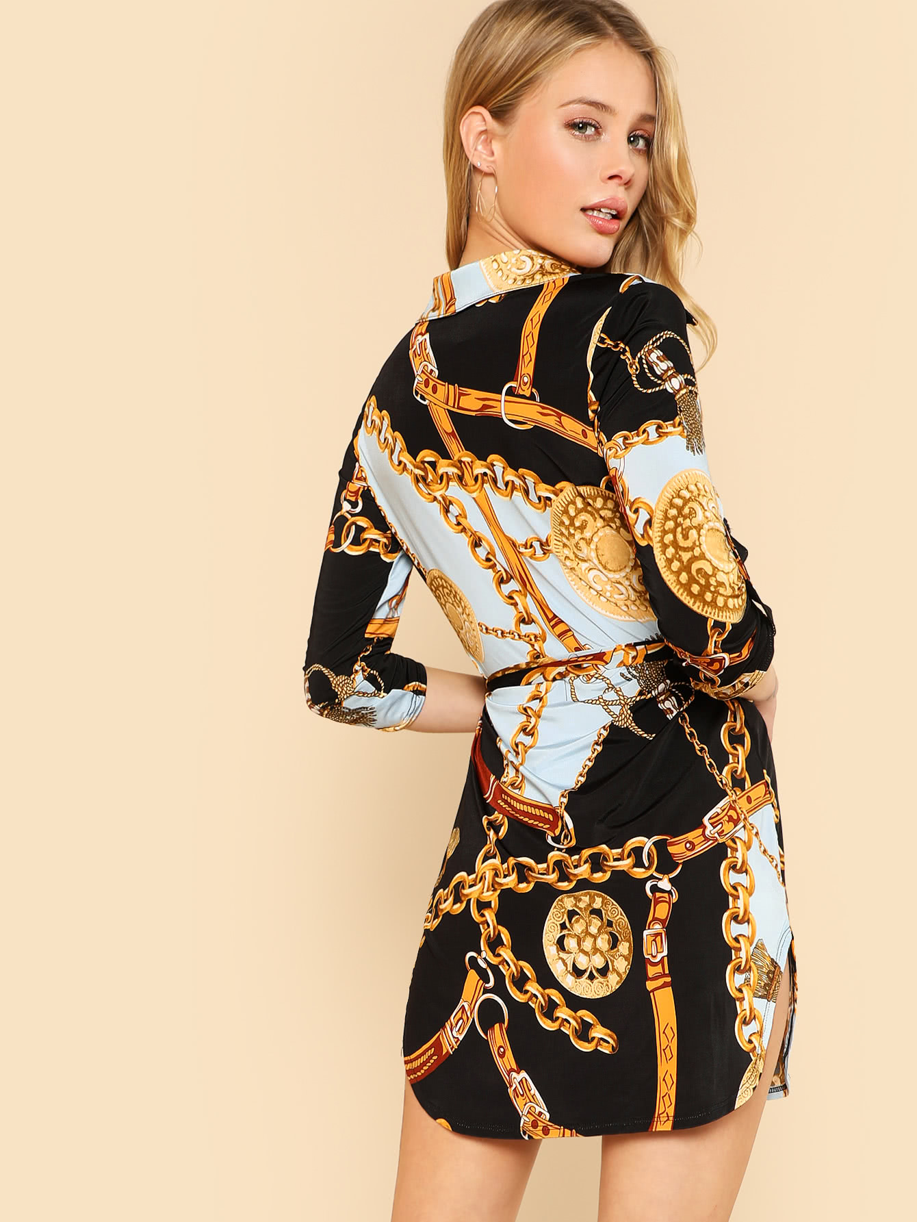 Chain Print Button Up Shirt Dress With Belt BLUE MULTI SheIn(Sheinside)