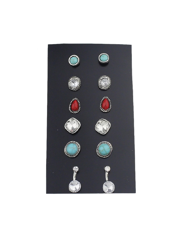 6 Pairs/Set Red Blue Color Rhinestone Jewelry Stud Earring Set