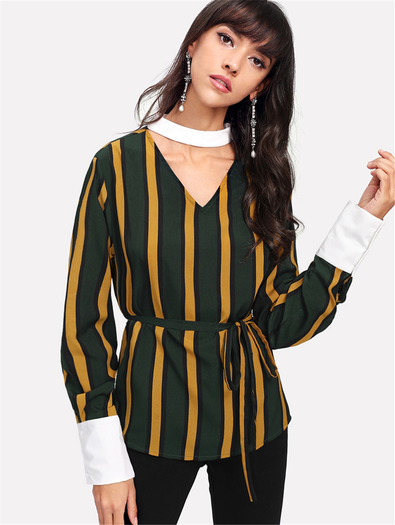 Contrast Choker Neck And Cuff Striped Blouse letter print neck and cuff striped dress