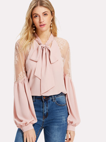 Tie Neck Lace Shoulder Lantern Sleeve Blouse