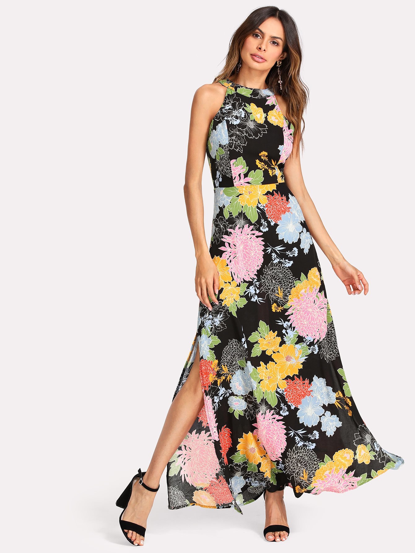 Платье длинное с принтом цветы