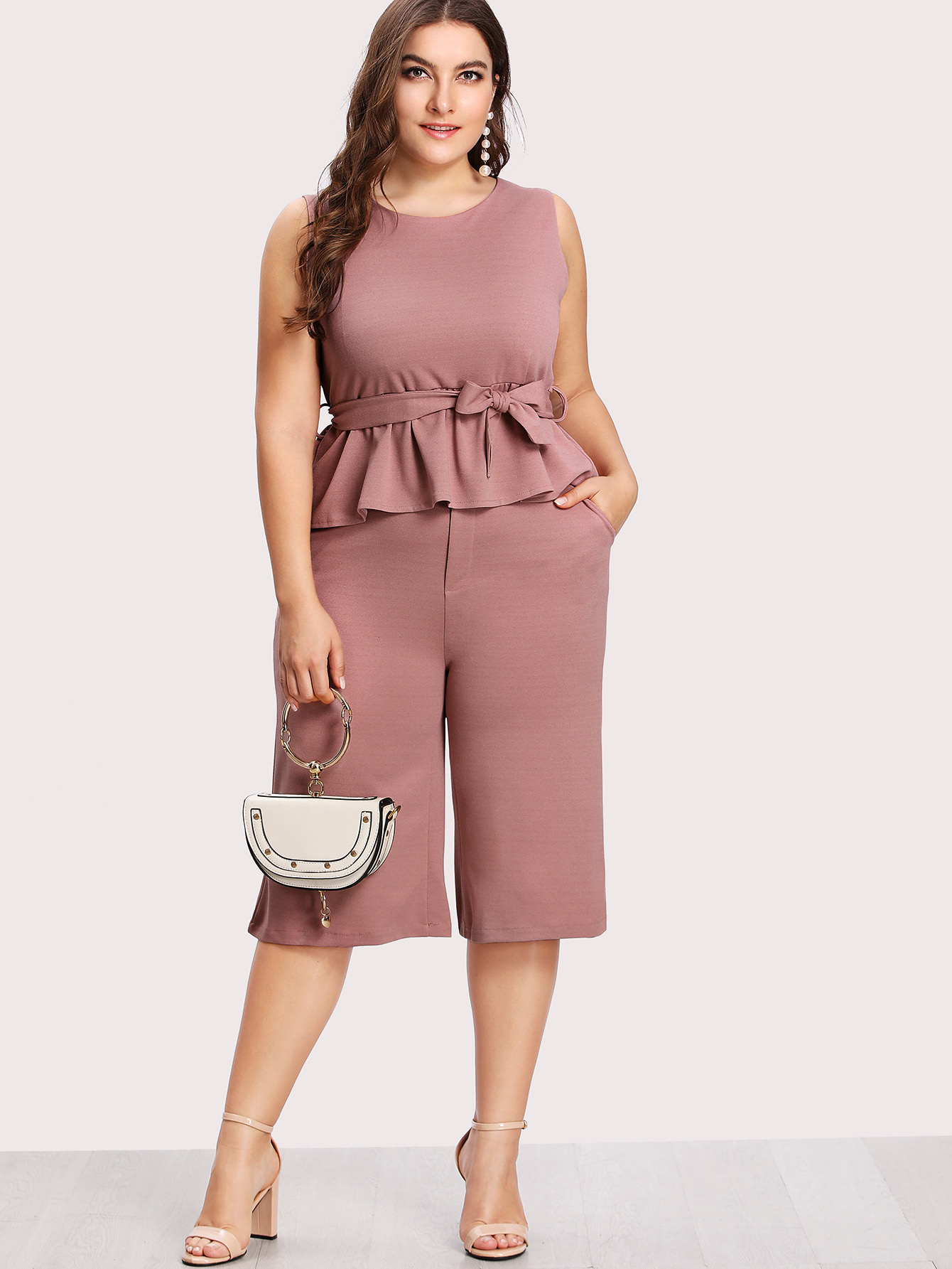 Plus Ruffle Hem Tie Waist Chiffon Top And Pants