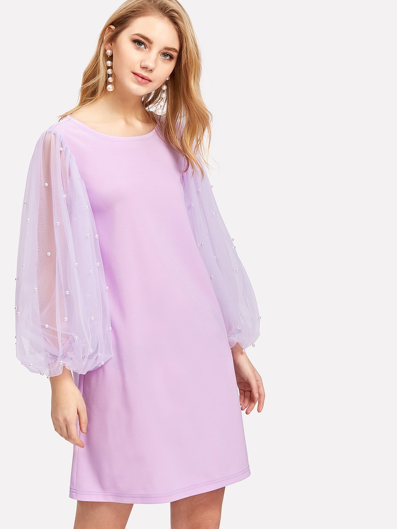 Pearl Beading Mesh Lantern Sleeve Dress SheIn(Sheinside)