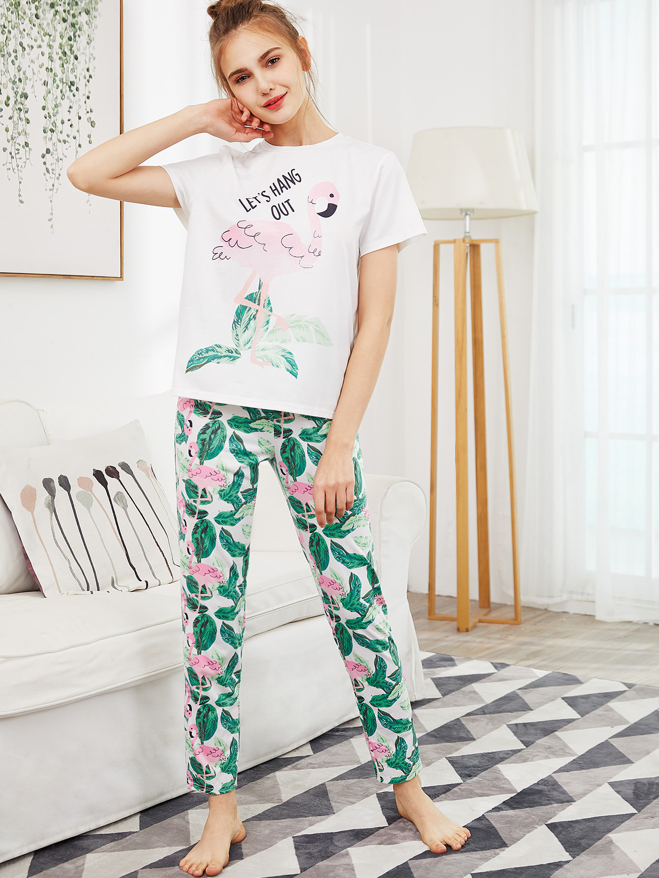 Flamingo And Jungle Leaf Print Top Pants Pajama Set
