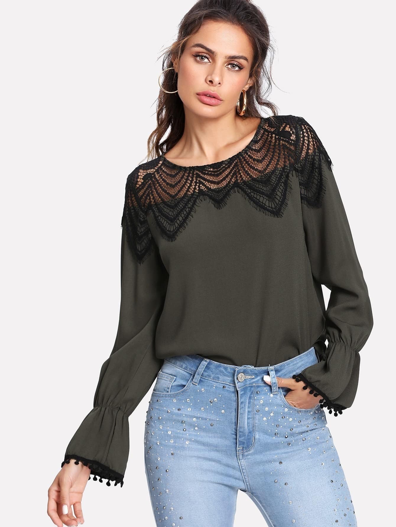 Lace Crochet Contrast Pom Pom Trim Blouse elbow sleeve contrast mesh pom pom detail blouse