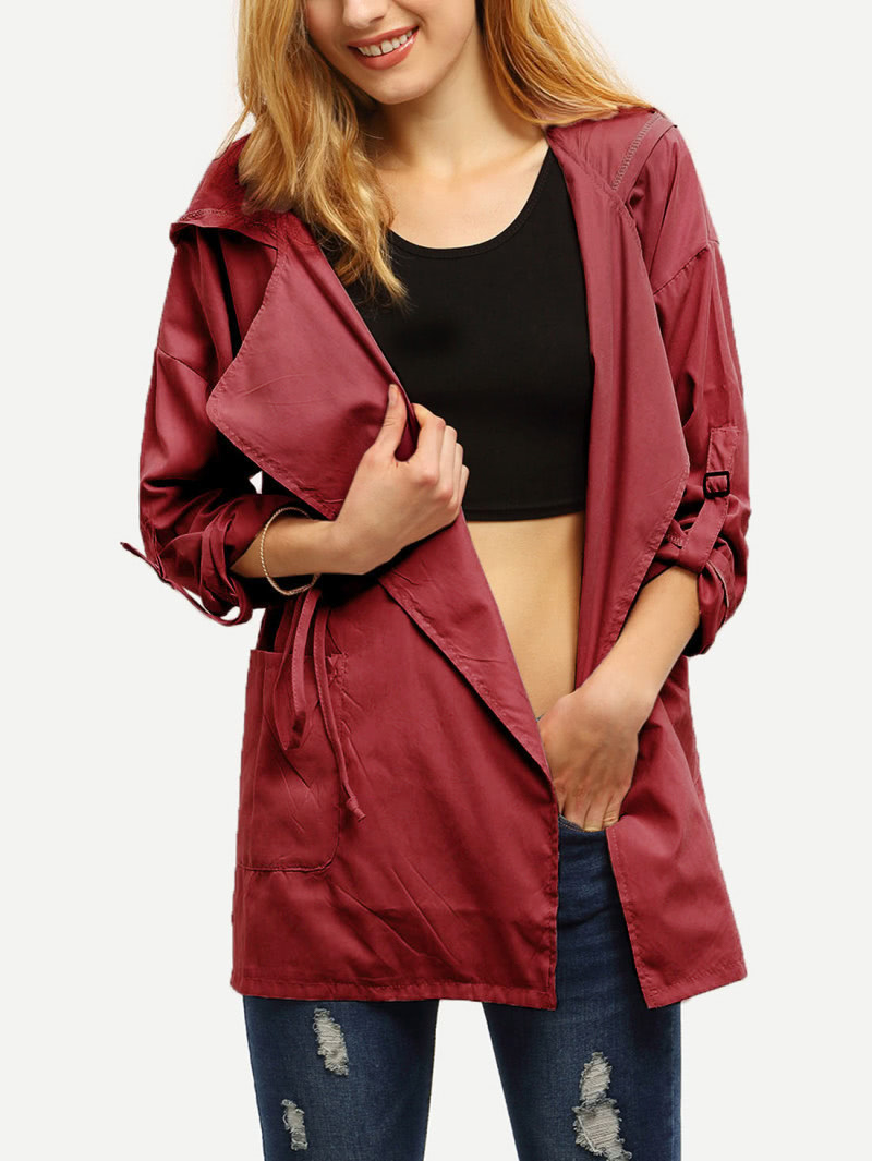 Burgundy Drawstring Pockets Hooded Coat