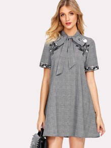 Tied Neck Embroidery Plaid Swing Dress