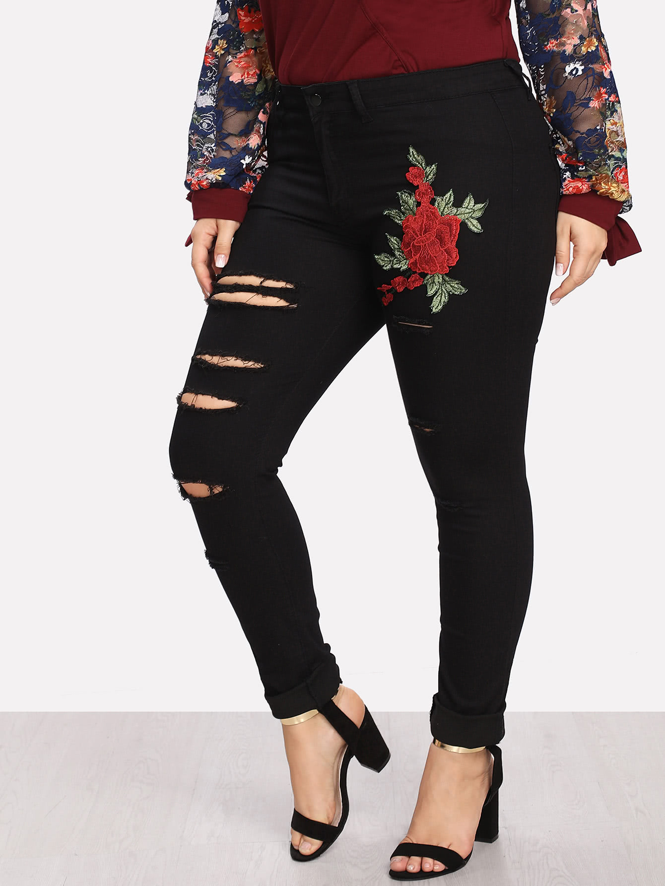 Embroidered Applique Ripped Jeans ferzige woman jeans boot cut embroidered high stretch womens flared pants ladies flowers embroidery blue jeans mujer femme jeans