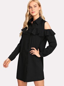 Open Shoulder Ruffle Trim Shirt Dress