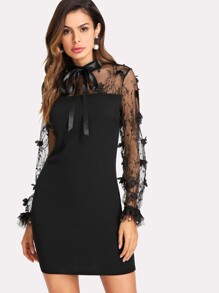 Ribbon Tie Neck Embroidered Mesh Sleeve Dress