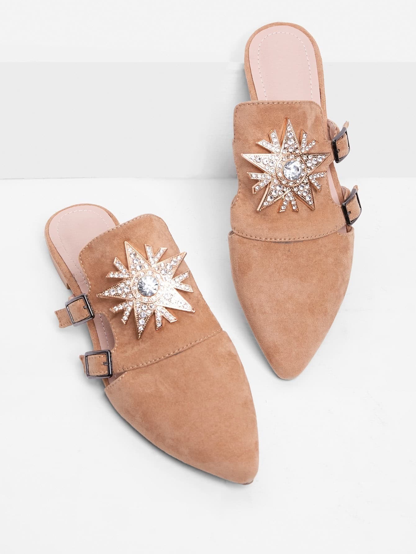 Rhinestone Decorated Pointed Toe Suede Flats SheIn(Sheinside)