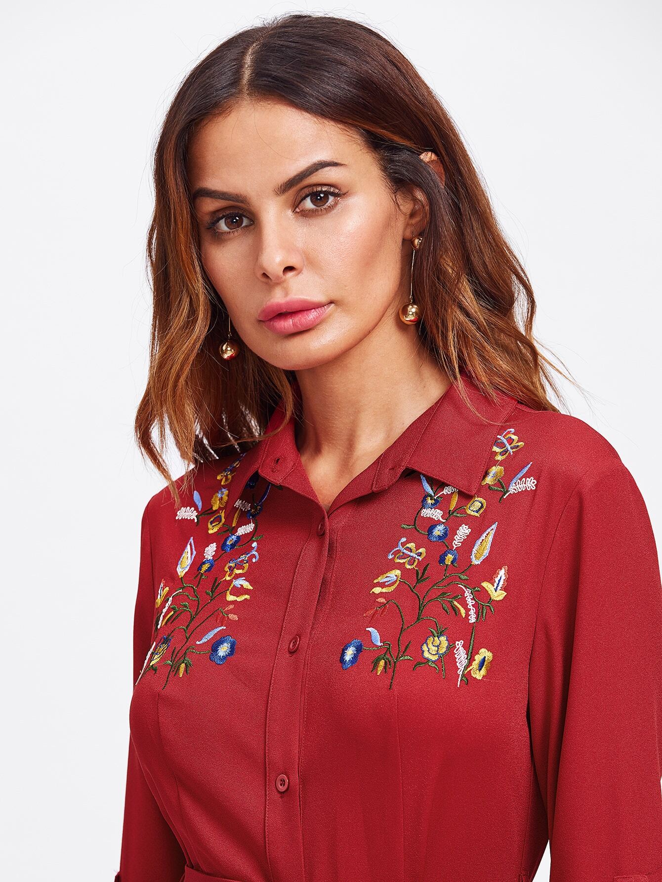 Embroidered Yoke Roll Sleeve Belted Shirt Dress SheIn(Sheinside)