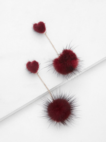 Heart Top Chain Pom Pom Drop Earrings