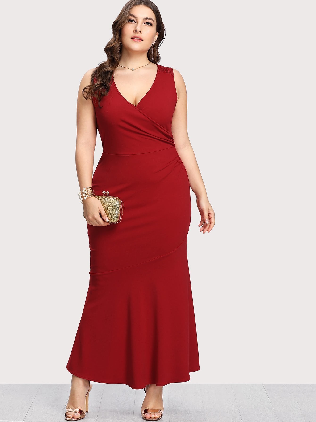Plus Surplice Neckline Lace Overlay Fishtail Hem Dress