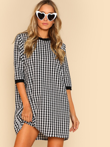Ribbed Trim Gingham Dress