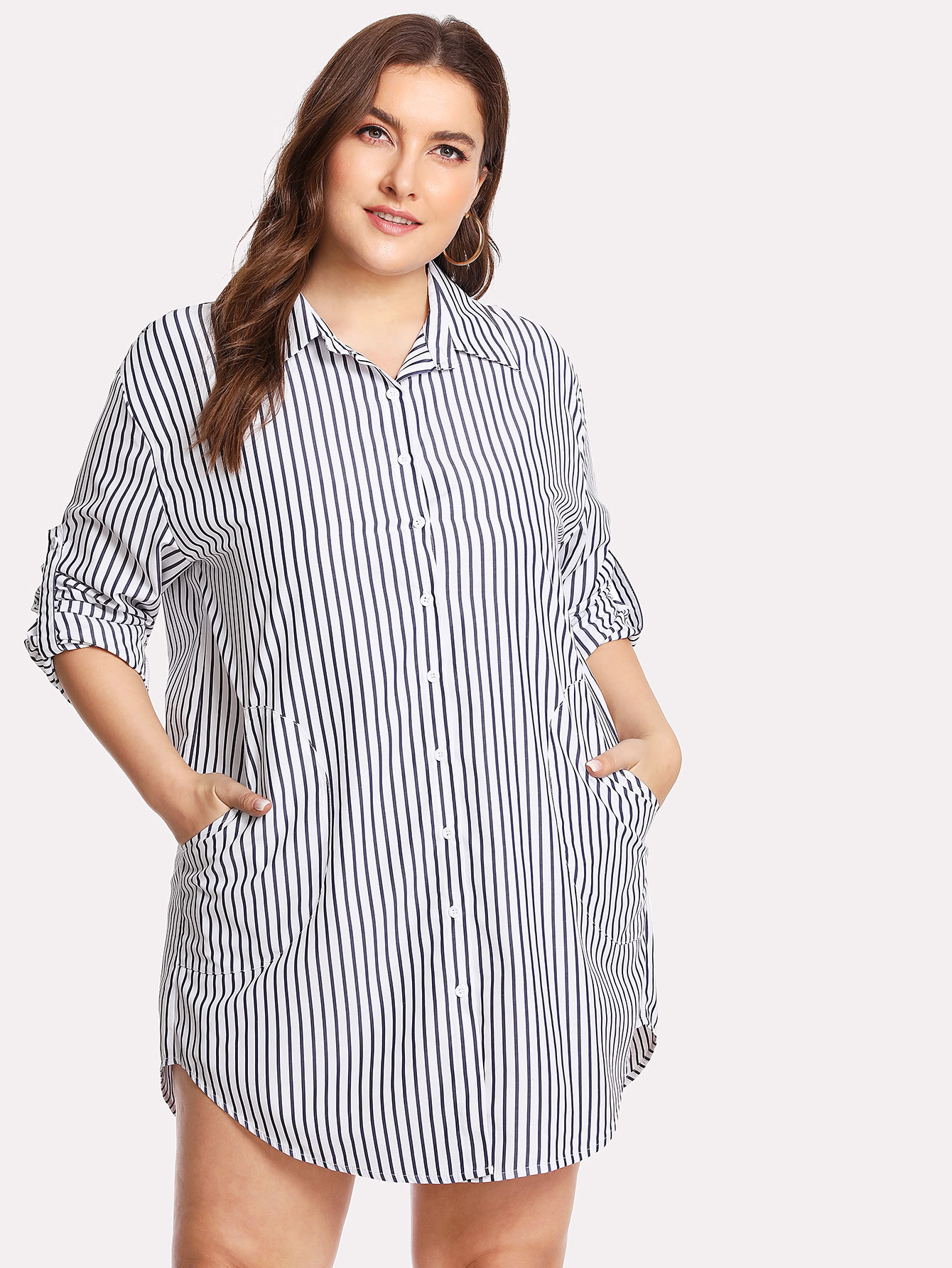 все цены на Plus Vertical-Striped Curved Hem Shirt Dress онлайн