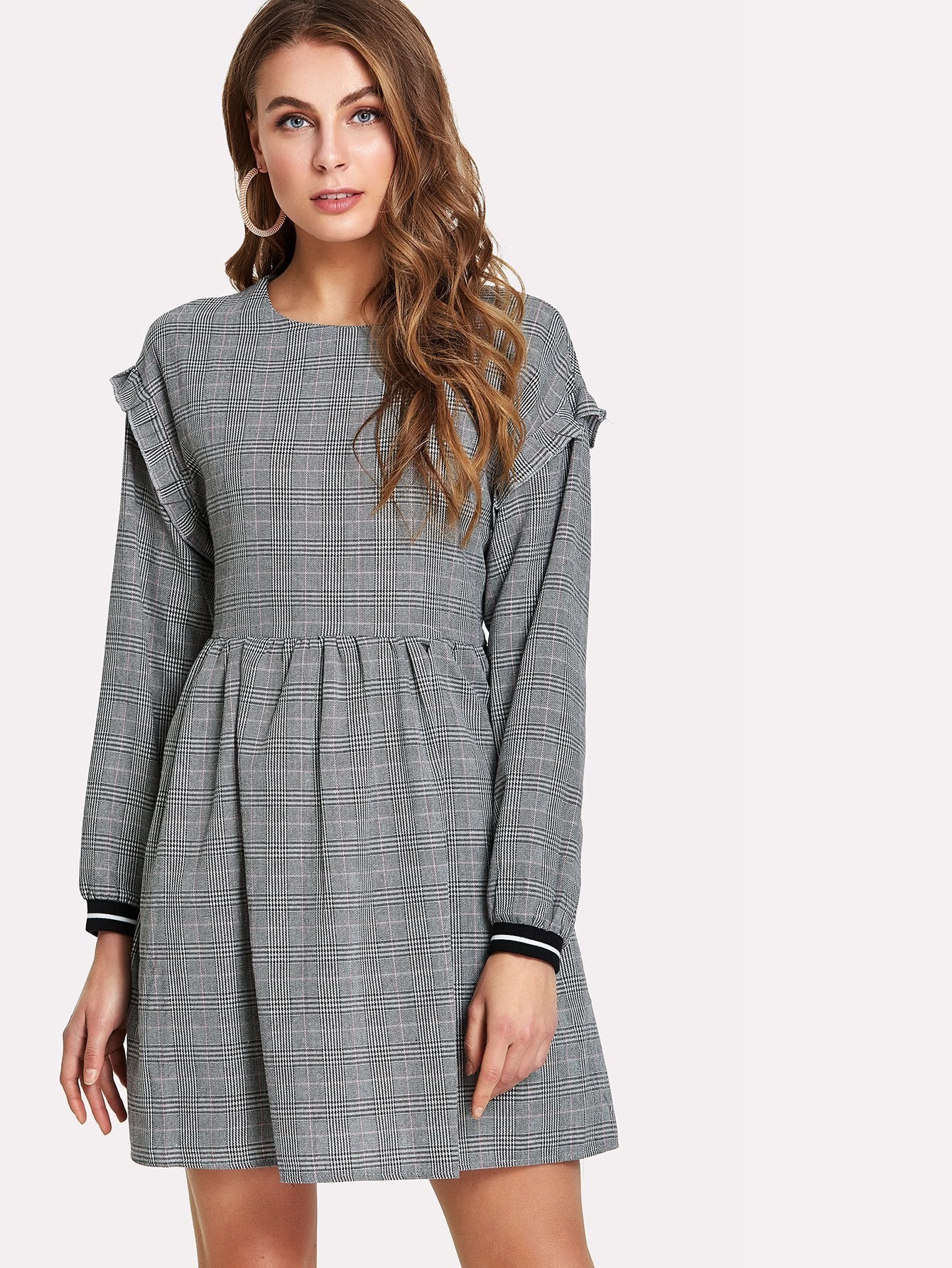 цена Frill Trim Striped Cuff Plaid Smock Dress