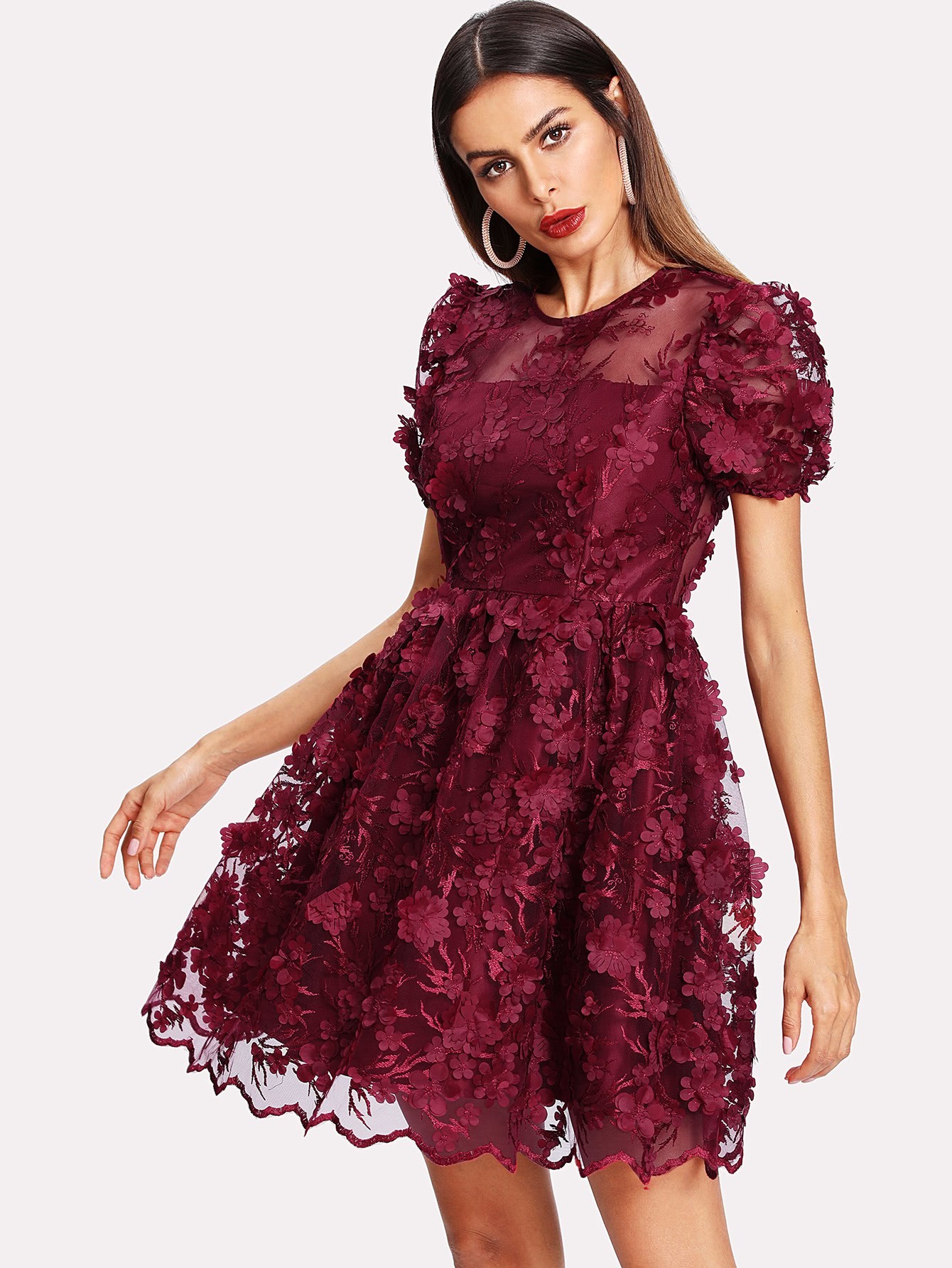 Floral Applique Puff Sleeve Mesh Overlay Dress mesh panel sleeve dress
