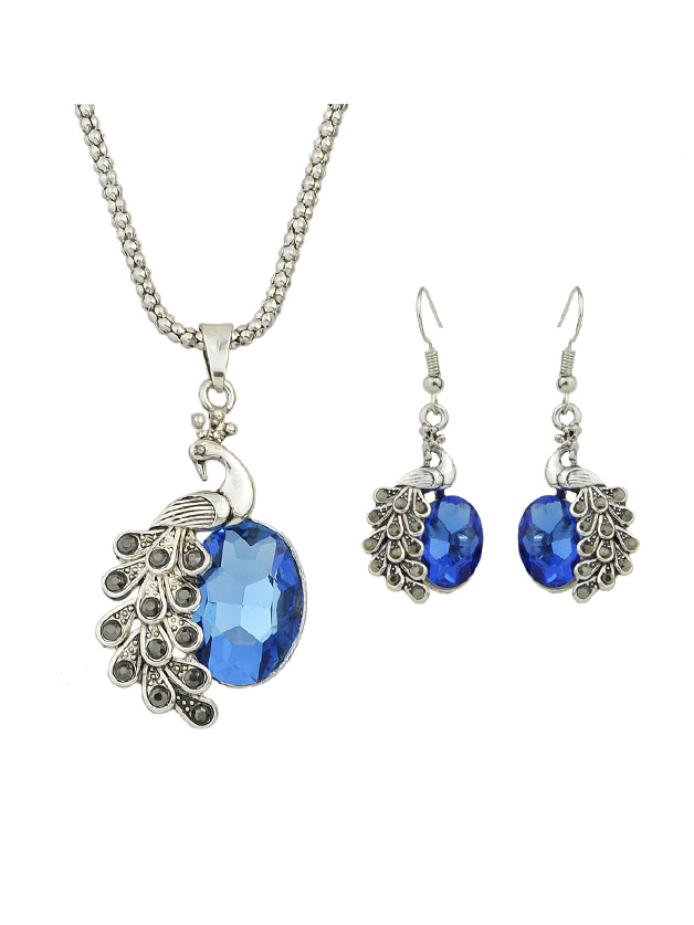 Blue Jewelry Set Peacock Necklace And Earrings