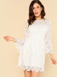 Trumpet Sleeve Eyelet Lace Scallop Dress