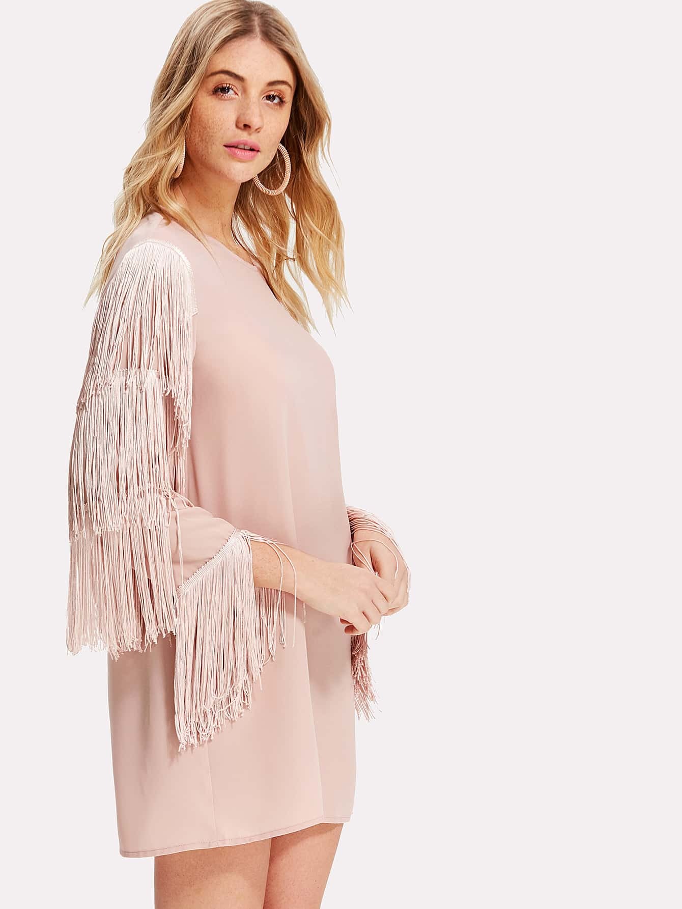 Tassel Detail Sleeve Keyhole Back Dress SheIn(Sheinside)