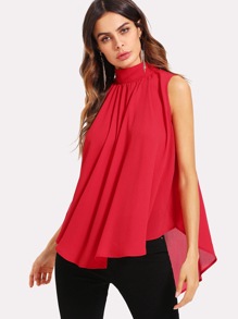 Mock Neck Pleated Front High Low Top