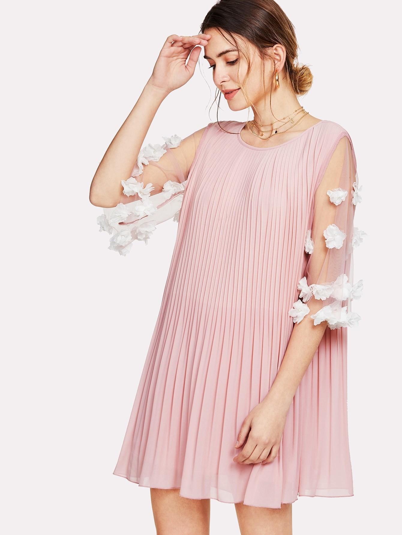 Applique Mesh Sleeve Pleated Swing Dress mesh panel sleeve dress